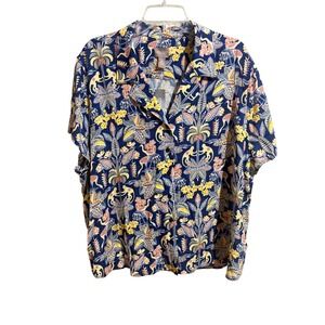 Chico's Button Front Blouse Womens XXL Blue NEW Tropical Monkey Jungle Rayon Top